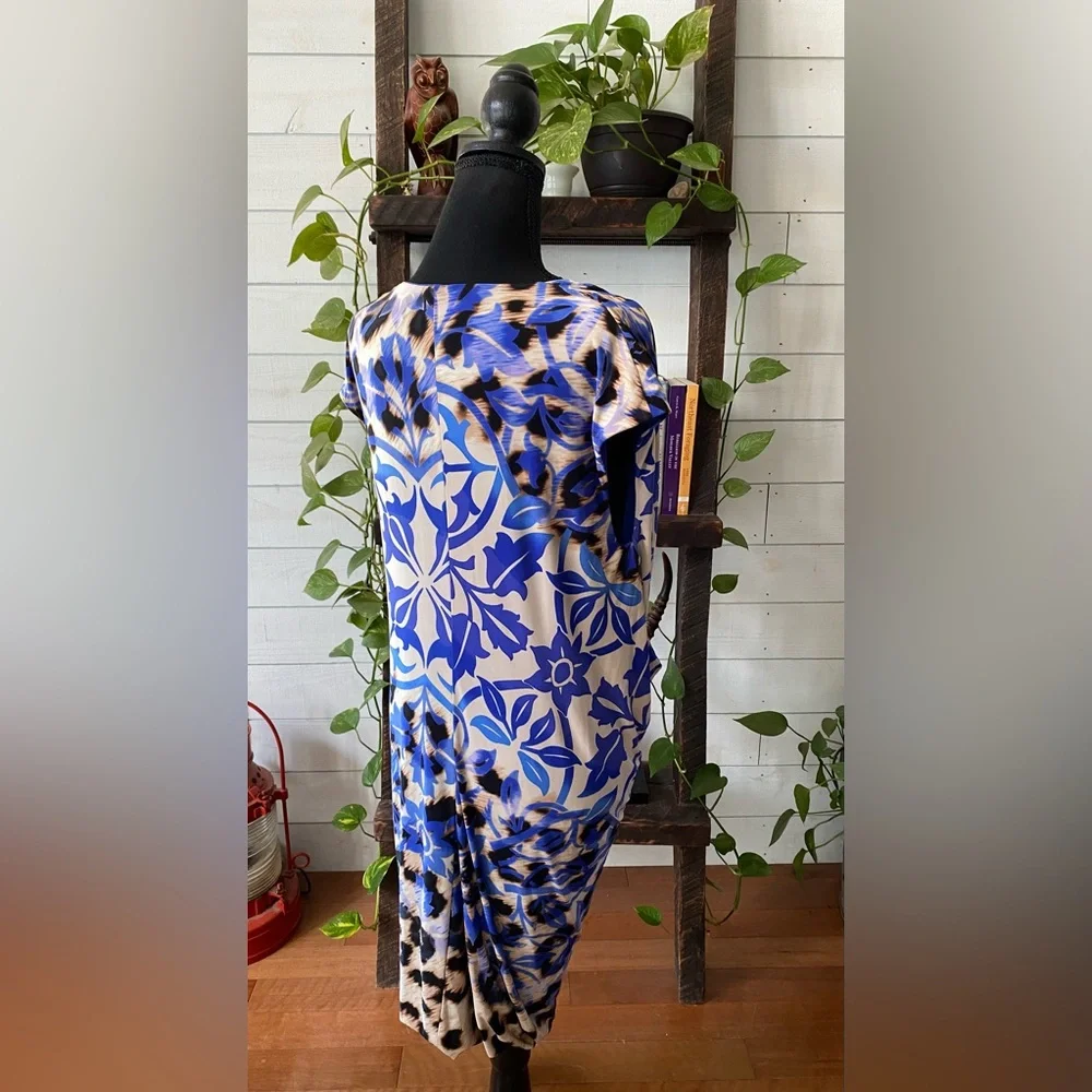 Nine West: Blue V Neck Mixed Animal and Floral Print Dress